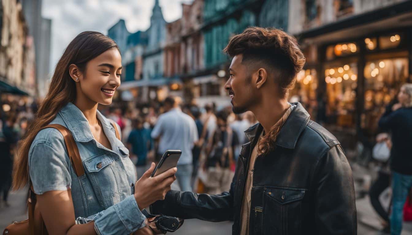 A person in a city setting asking a question to a digital assistant.