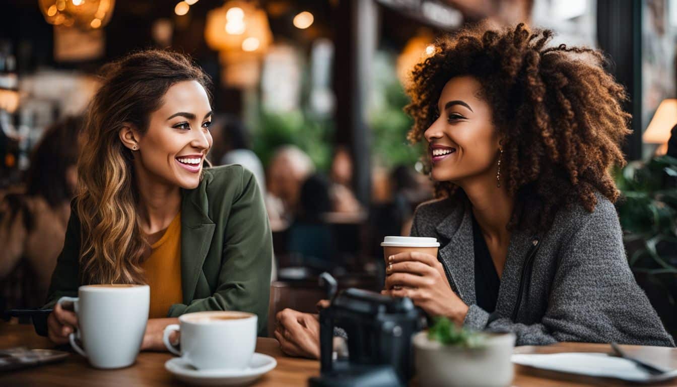 A woman having a casual conversation with a friend in a coffee shop.