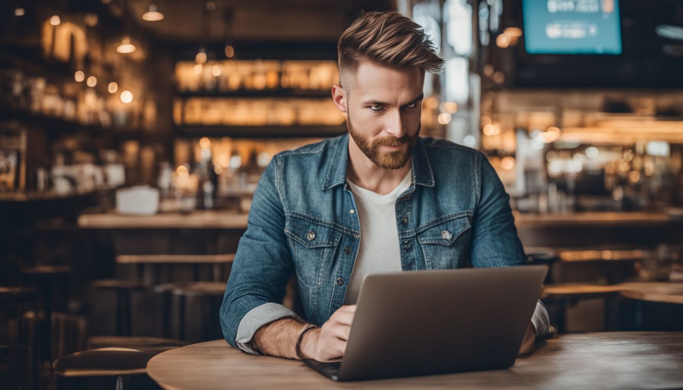 A local business owner showcasing local websites on a laptop.