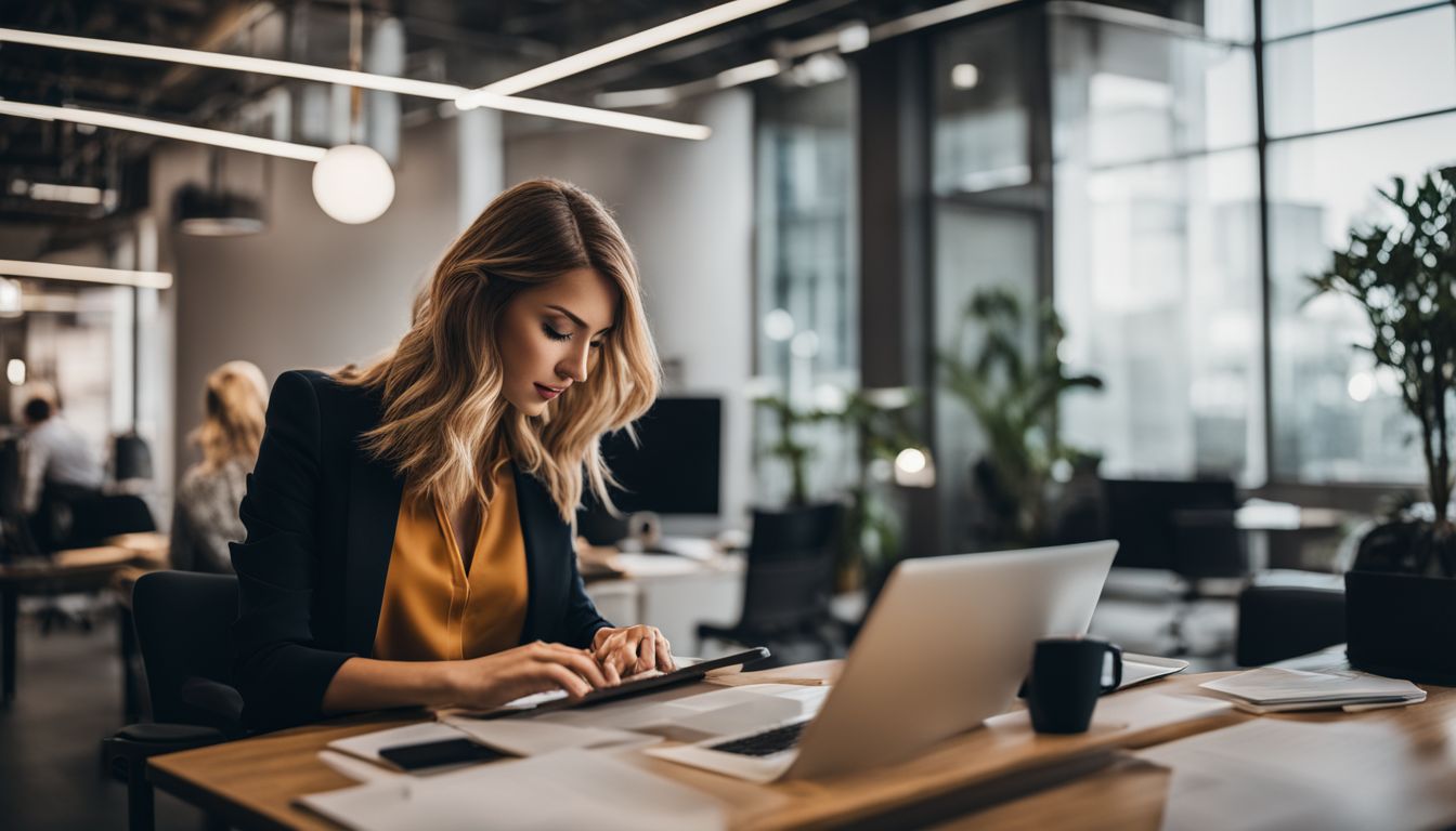 A woman working on a laptop in a modern office environment.