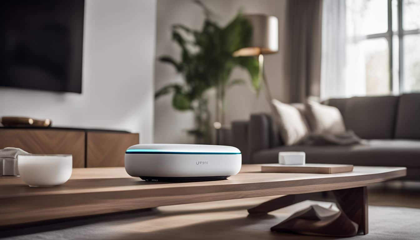 A smart home device responding to voice commands in a modern living room.